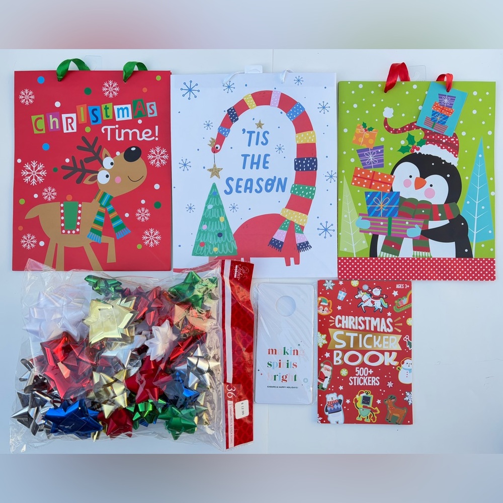 3 CHRISTMAS GIFT BAGS, 1 BAG of BOWS, 1 Pack of 10 Bottle Tags, STICKER BOOKLET